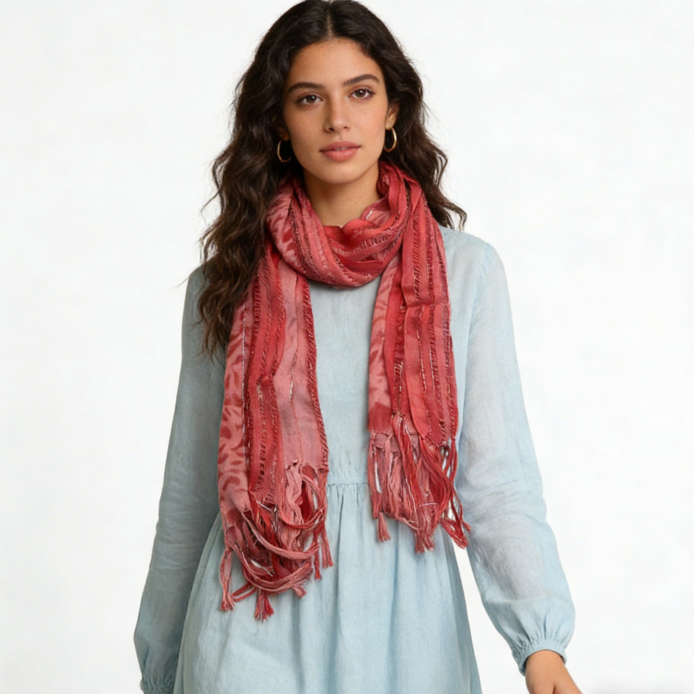 Pink Leopard Viscose Scarf With Metallic Threads - Long Boho Scarf 67inchx24inch