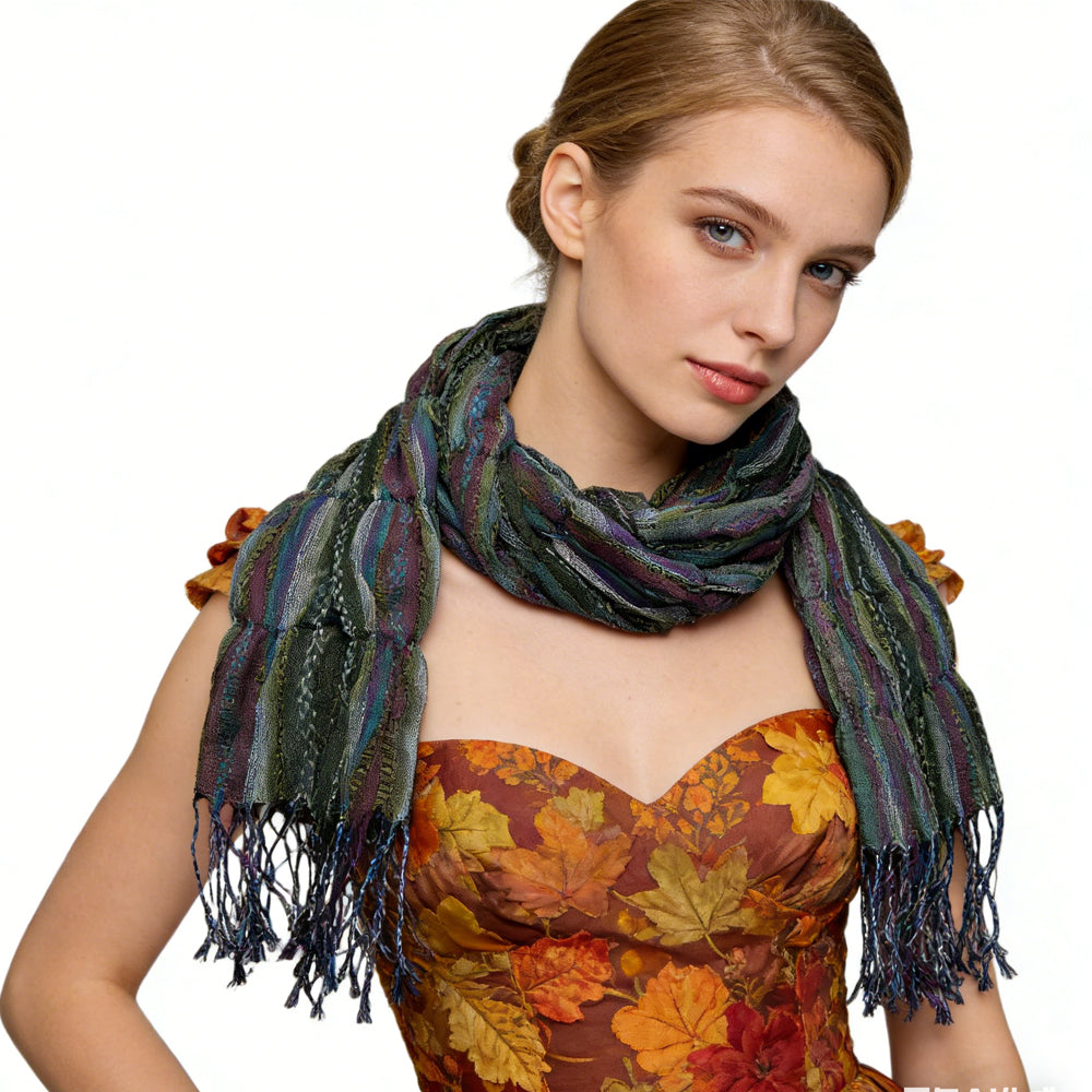 Olive Jacquard Crinkle Scarf - Textured Utility Scarf 70inchx29inch