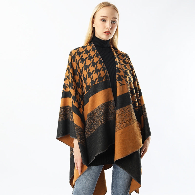 Women's Split Houndstooth Cape And Shawl Fashionable Simple Retro Cloak All-matching
