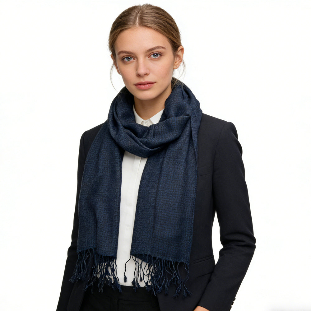Navy Jacquard Polyester Scarf Herringbone Texture