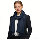 Navy Jacquard Polyester Scarf Herringbone Texture